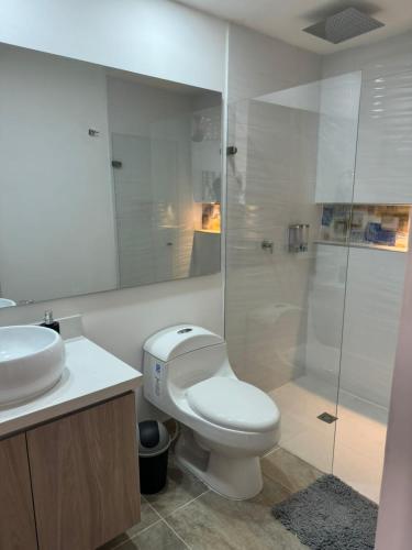 a bathroom with a toilet and a sink and a shower at TIZIANO RELAX 106 in Ricaurte
