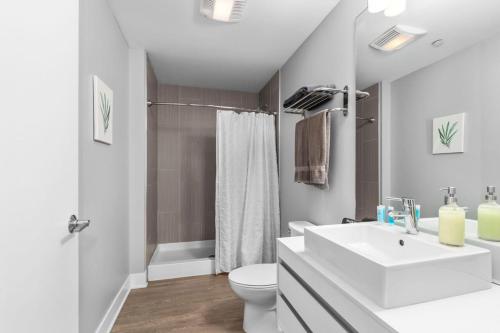 La salle de bains blanche est pourvue d'un lavabo et de toilettes. dans l'établissement Luxury 2BR Penthouse in Downtown GR, à Grand Rapids