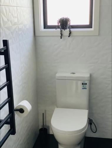 a white toilet in a bathroom with a window at New Lynn Dream guest house in Auckland