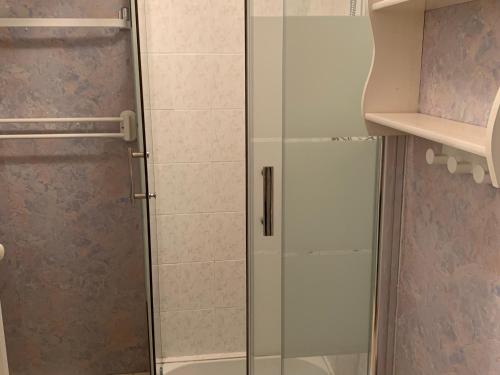 une douche avec une porte vitrée dans une salle de bain dans l'établissement Appartement proche plage, 2 chambres, balcon, garage - FR-1-482-138, à Fort-Mahon-Plage