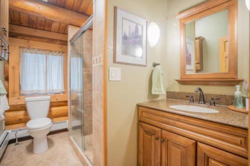 uma casa de banho com um WC, um lavatório e um chuveiro em Tucked Away Timbers em Fairbanks