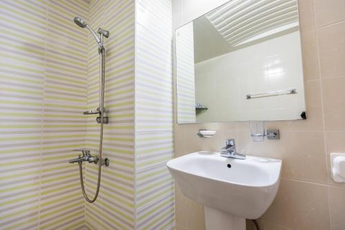 a bathroom with a sink and a shower at Red Clay Pension in Jeju