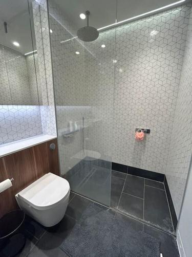 a bathroom with a toilet and a glass shower at Luxury 2 Beds Apartment in White city in London
