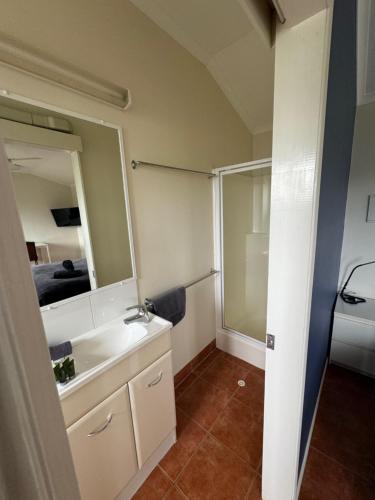 a bathroom with a sink and a toilet and a mirror at Mareeba Motor Inn in Mareeba
