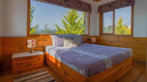 a bedroom with a bed and two windows at Hill Farm Stay in Pālampur