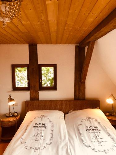 - une chambre avec 2 oreillers au-dessus d'un lit dans l'établissement Ferienwohnungen auf einem ehemaligen Bauernhof, à Neuhausen