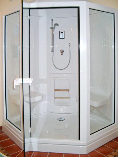 a shower with a glass door in a bathroom at WILDENTE-App-7 in Wenningstedt