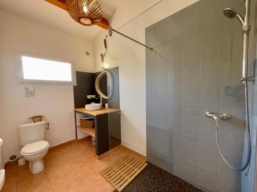 a bathroom with a shower and a toilet at Villas CALA CORSA 4 Chambres Piscine privée chauffée - Internet Fibre - Entièrement Climatisée à Lecci de Porto-Vecchio Cala Rossa in Lecci
