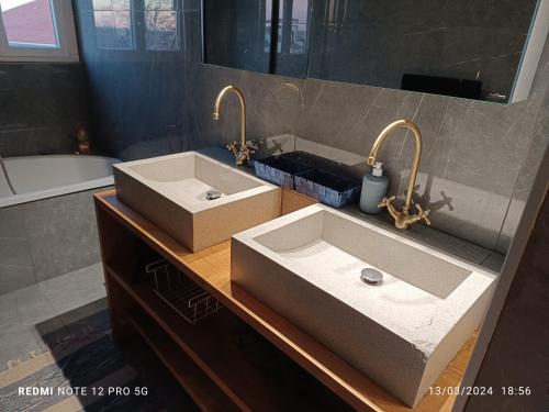 une salle de bain avec deux lavabos et un grand miroir dans l'établissement Magnifique appartement quartier la Roseraie, à Toulouse