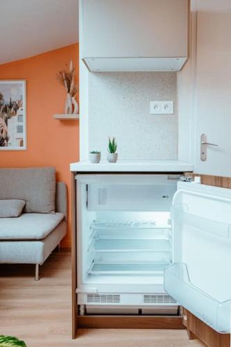 - un réfrigérateur vide dans le salon avec canapé dans l'établissement Le Nid Douillet de l'Hypercentre, à Toulouse