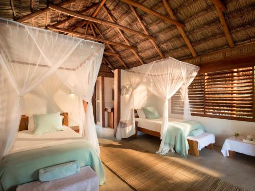 Binga的住宿－Masumu River Lodge，一间卧室,配有两张床