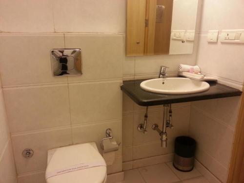 a small bathroom with a toilet and a sink at Hotel Arina Inn in New Delhi