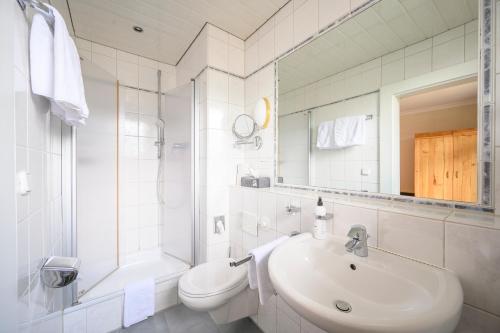 a bathroom with a sink and a toilet and a mirror at Biohotel Garmischer Hof in Garmisch-Partenkirchen