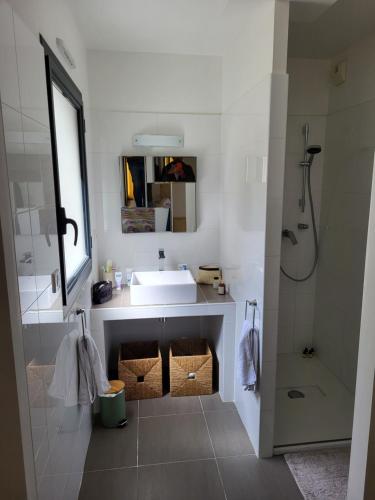 une salle de bain blanche avec un lavabo et une douche dans l'établissement Mare e vista Appartement Lumineux avec terrasse et jardin, à Saint-Florent