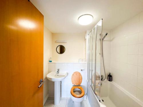 La salle de bains est pourvue de toilettes, d'un lavabo et d'une douche. dans l'établissement Suitely Museum Residence with roof terrace, à Ipswich