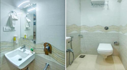 Duas fotografias de uma casa de banho com um lavatório e um WC. em Hotel Golden Park Near NESCO em Mumbai