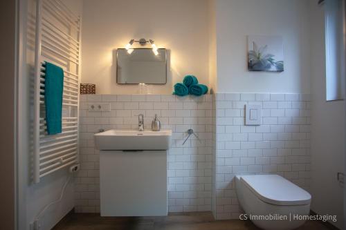 La salle de bains est pourvue d'un lavabo, de toilettes et d'un miroir. dans l'établissement Lago Rosso, à Langenargen