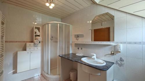 a bathroom with a sink and a shower at Guesthouse Pri Zalogarju in Železniki