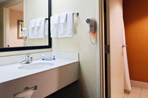 a bathroom with a sink and a mirror at Fairfield Inn & Suites Charlotte Arrowood in Charlotte
