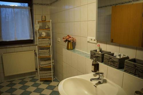 a bathroom with a sink and a mirror at Ferienwohnung zum Lausbub in Eckersdorf