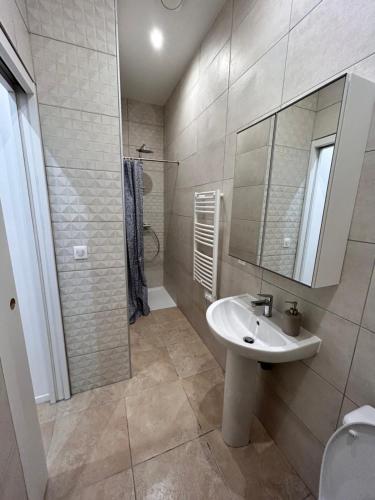 une salle de bain avec un lavabo et un miroir dans l'établissement Appartement T1 intra-muros, à Avignon