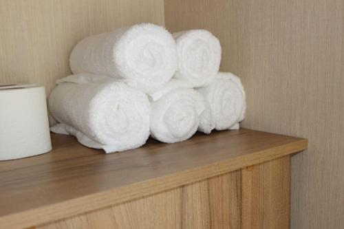 stos rolek papieru toaletowego na półce w obiekcie Norfolk broads caravan sleeps 8 w mieście Belton