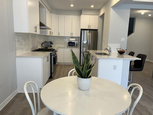 a kitchen with a white table with a potted plant at Kolopizo Lounge - Deluxe Studio in Ottawa