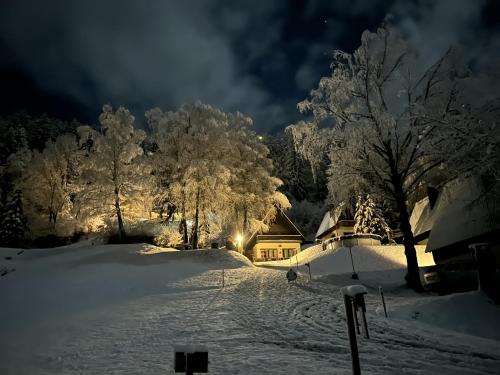 ein Haus mit Schnee in der Nacht in der Unterkunft Das kleine Feriendorf in Kärnten