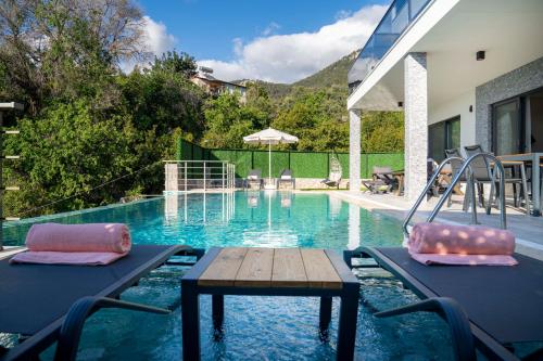 una piscina con mesa y sillas en el agua en Villa Mariposa en Fethiye