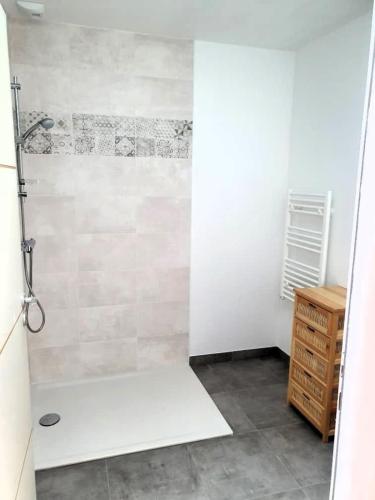 La salle de bains est pourvue d'une cabine de douche et d'une armoire en bois. dans l'établissement MISTRAL ABBA a 500m de la plage, à Saint-Vincent-sur-Jard