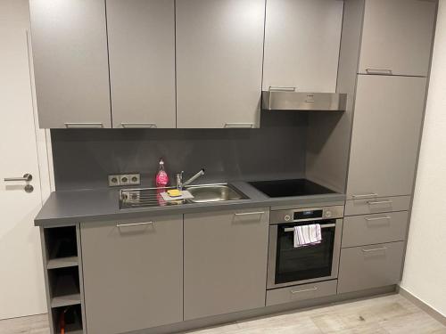 une cuisine avec un évier et une cuisinière dans l'établissement Ferienwohnung City Priebe Austraße, à Friedrichshafen
