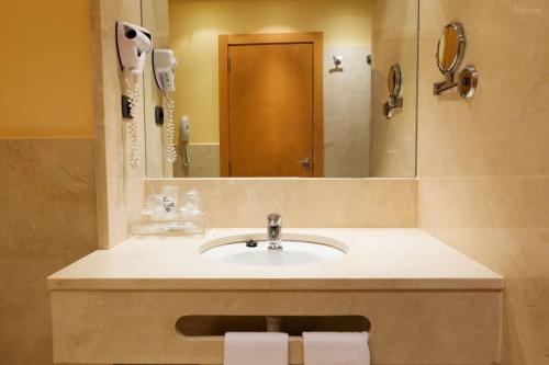 a bathroom with a sink and a mirror at HOTEL PUERTA DE SAHAGUN in Sahagún