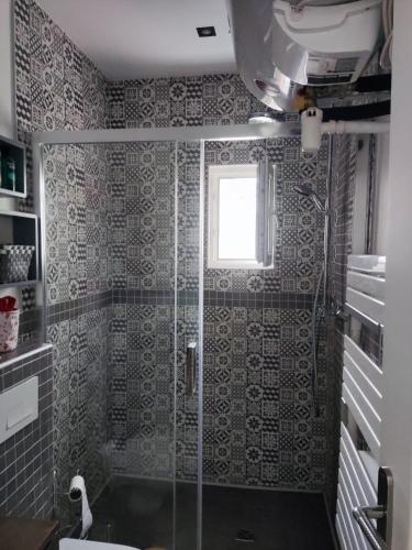 une salle de bain avec douche, toilettes et fenêtre dans l'établissement Petit nid douillet dans un cocon de verdure, à Vaires-sur-Marne