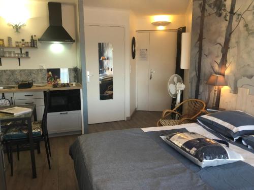 Cet appartement comprend une chambre avec un lit, une cuisine et une table. dans l'établissement Lac Christus - Studio classé 3*, à Saint-Paul-lès-Dax