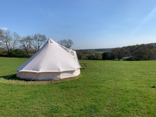 une tente blanche assise dans un champ d'herbe dans l'établissement Penn Meadow Farm, à Buckinghamshire