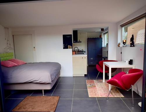 a bedroom with a bed and a table and a kitchen at Naar Ineke in Doesburg
