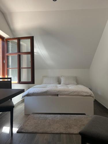 um quarto branco com uma cama e uma janela em Ferienwohnung Werraquell Hütte em Masserberg