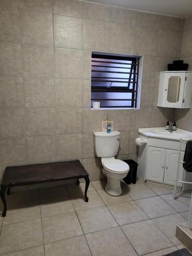 a bathroom with a toilet and a sink and a window at Shells on the Beach in Sea View