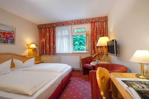 a hotel room with a bed and a living room at Kurpark Flair Hotel Im Ilsetal in Ilsenburg