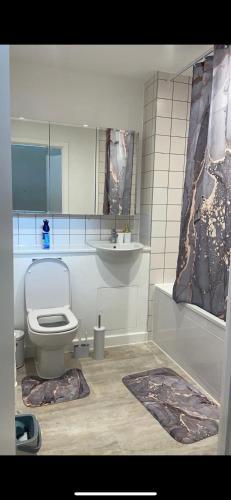 a bathroom with a toilet and a sink at Spacious apartment in Barking