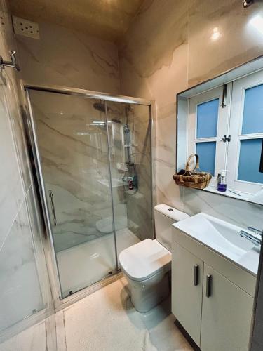 a bathroom with a shower and a toilet and a sink at Ta Pietru in Żabbar