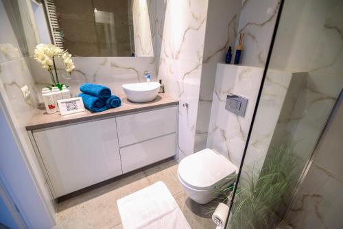 Apartament EcoPure Tychy في تيخي: حمام ابيض مع مرحاض ومغسلة