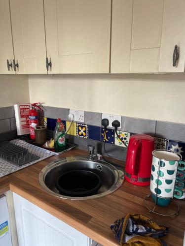 a kitchen counter with a sink in a kitchen at The Cabin in Hockham