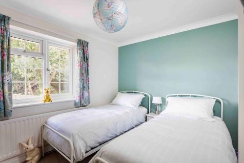 two beds in a room with blue walls and a window at Lilliput Hideaway 5 mins from Sandbanks Beach in Parkstone