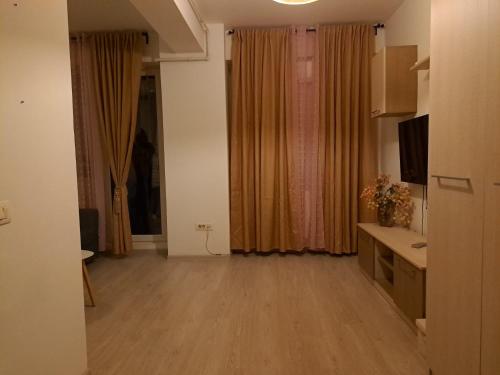 una sala de estar vacía con suelo y cortinas de madera en Zen Studio, en Roşu