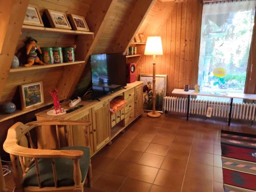 a living room with a tv and a large window at Haus Paradiesecke in Waldbrunn