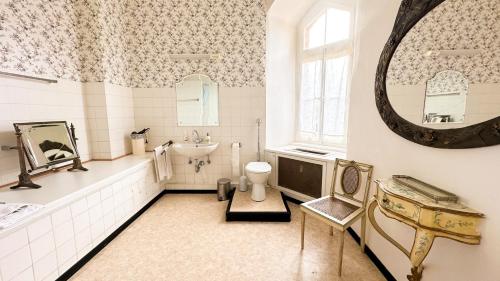 W łazience znajduje się umywalka i lustro. w obiekcie Burg Satzvey w mieście Mechernich