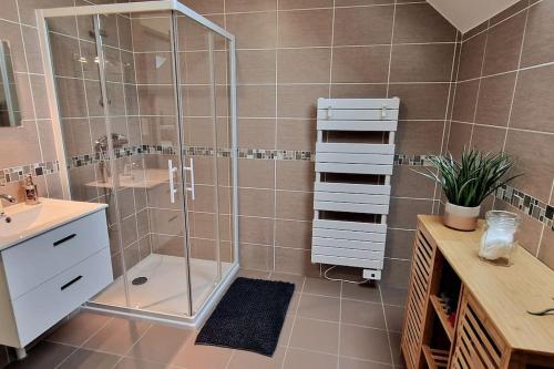 a bathroom with a glass shower and a sink at LE CHATEL BOURGEOIS in Appoigny