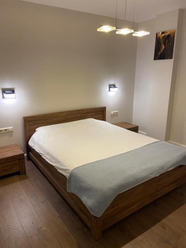 uma cama num quarto com duas mesas de cabeceira em Eliana Apartments em Druskininkai