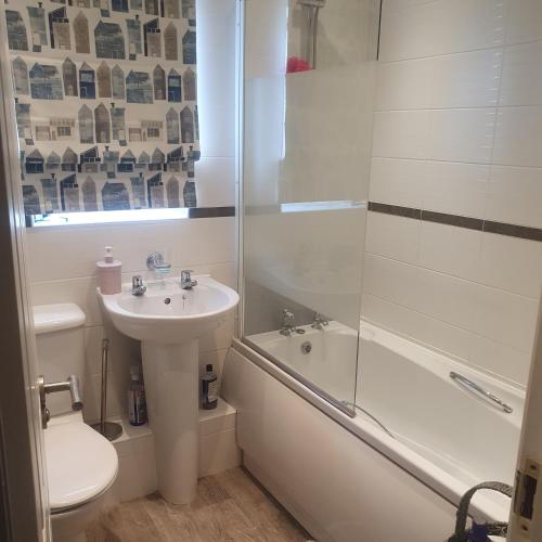 a bathroom with a sink and a toilet and a shower at Sunningdale in Conisbrough